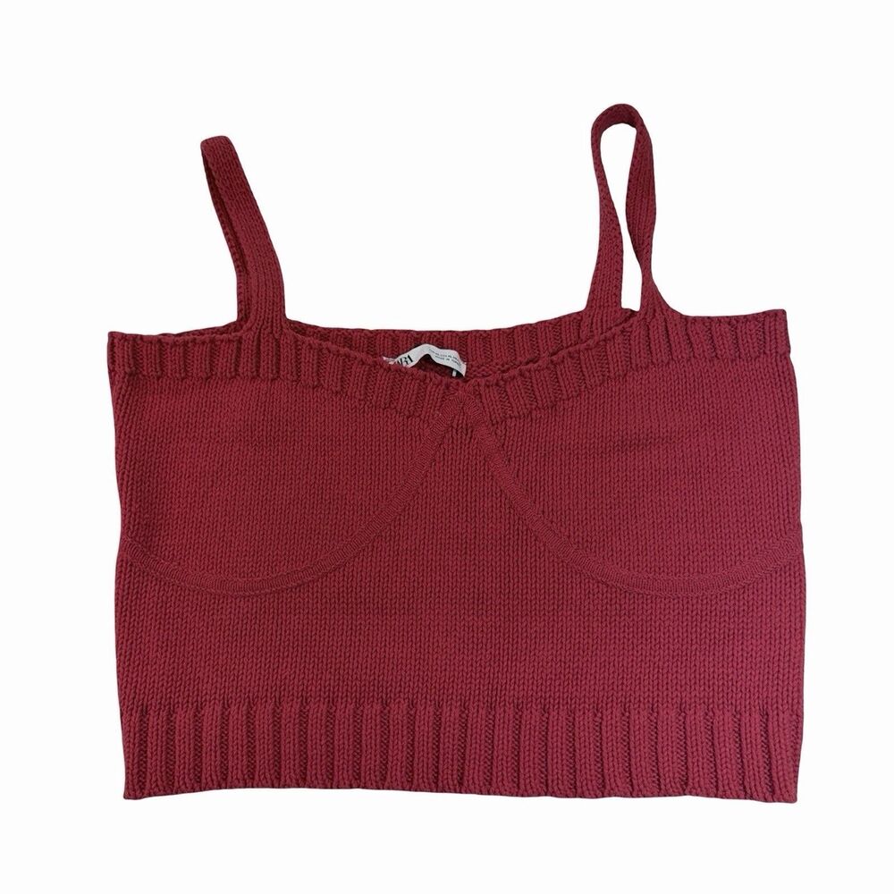 Zara Top Women’s XL Red Sweater Tank Top Cropped Boho Festival Coquette